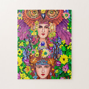 Fairy Princess Sisters Owl original art nouveau  Jigsaw Puzzle