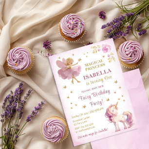 Fairy Princess Unicorn Girl 1st Birthday Invitation