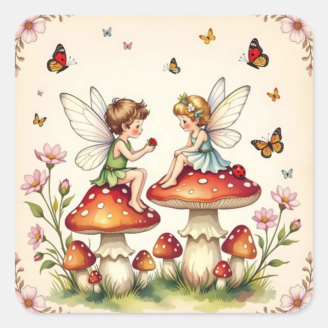 Fairy Proposing on Mushrooms Vintage Square Sticker (Front)