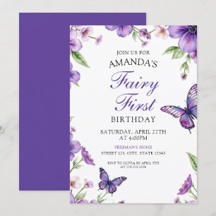 Fairy Purple Floral Butterfly First Birthday Invitation