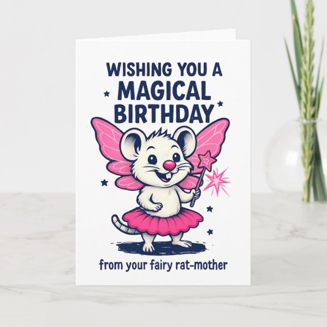 Fairy Rat Mother Birthday Card: Funny Pink Animal  Holiday Card (Front)