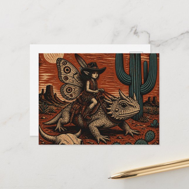 Fairy Riding Her Lizard in the Desert Postcard (Front/Back In Situ)