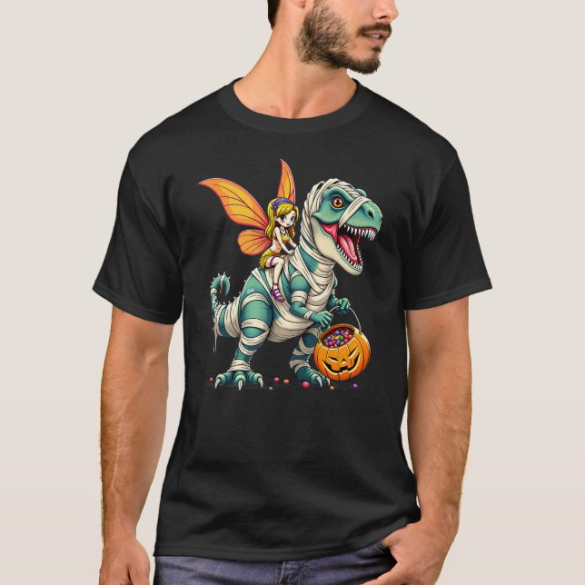Fairy Riding Mummy T-Rex Dinosaur Halloween T-Shirt (Front)