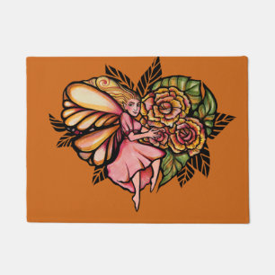 Fairy Roses Art Peach and Pink Fairies Garden      Doormat