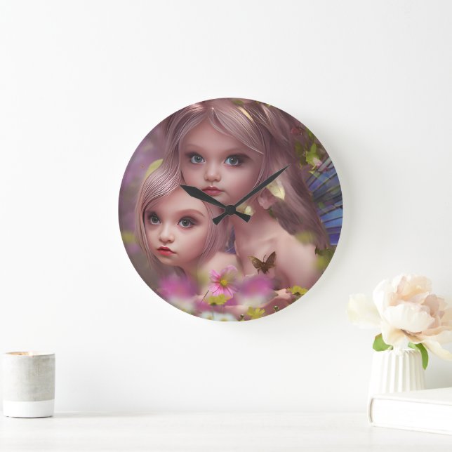 Fairy Sisters Amongst the Flowers in the Forest Large Clock (Home)
