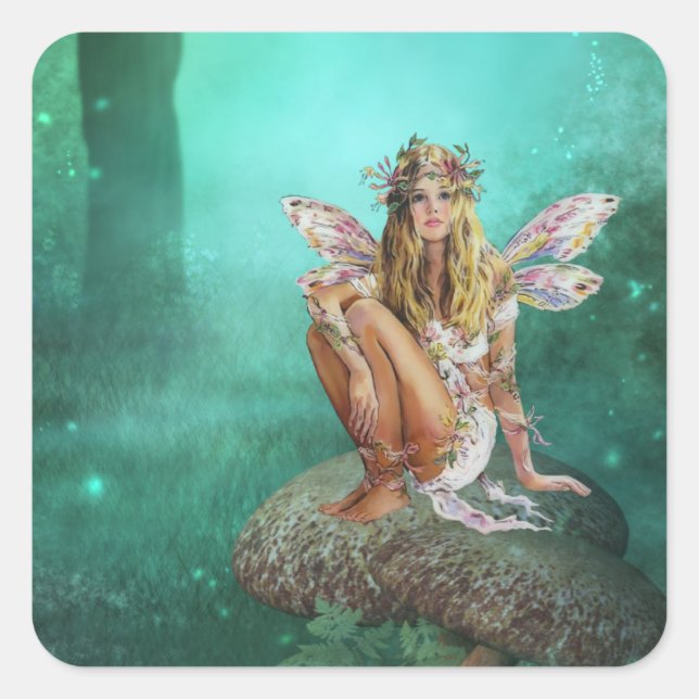 Fairy Sitting on a Mushroo Fantasy Square Stickers (Front)