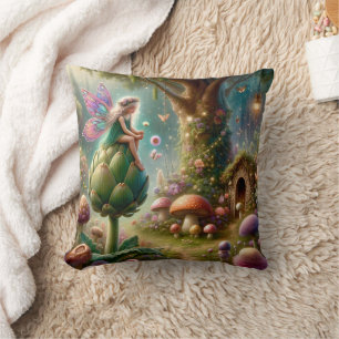 Fairy sitting on an Artichoke Magical Illutration Cushion