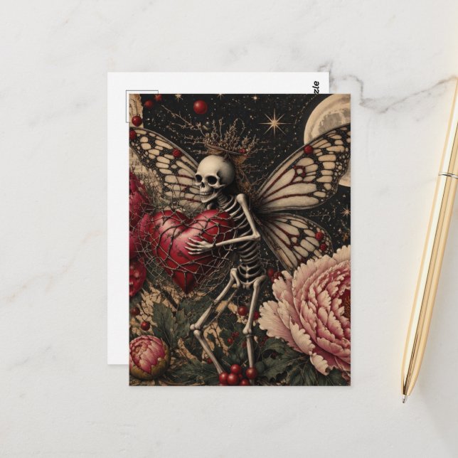 Fairy Skeleton and Peony Flowers Dark Fantasy  Postcard (Front/Back In Situ)