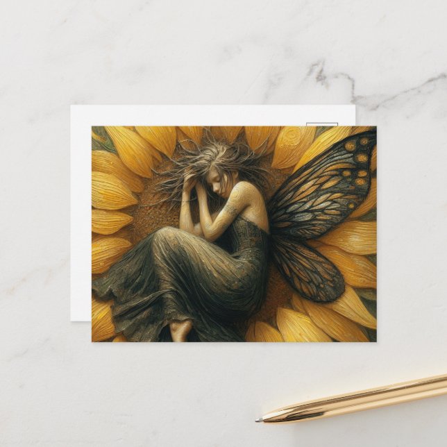 Fairy Sleeping in a Sunflower Postcard (Front/Back In Situ)