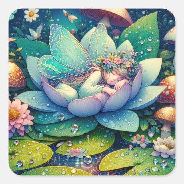 Fairy Sleeping on a Flower Blank Square Sticker (Front)