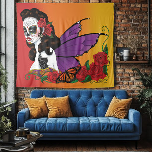Fairy Sugar Skull Purple Wings Roses Sunset Tapestry
