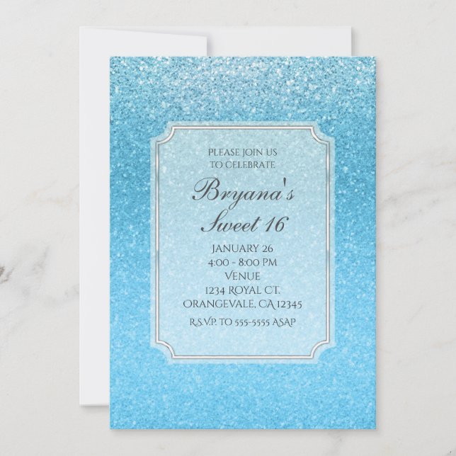 Fairy Tale Blue Glitter Sweet 16 Party Invitations (Front)
