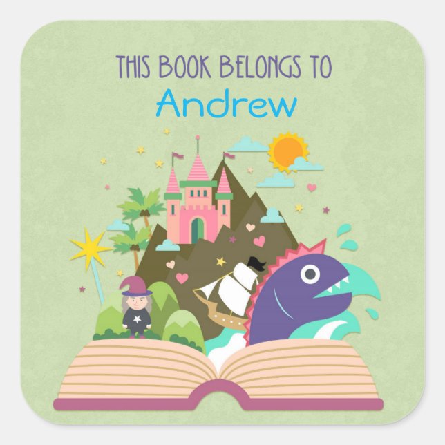 Fairy Tale Bookplate, Green Square Sticker (Front)