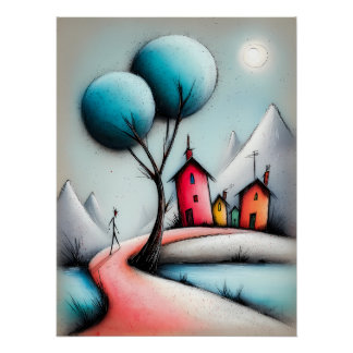 Fairy-tale cartoon landscape with path and houses poster
