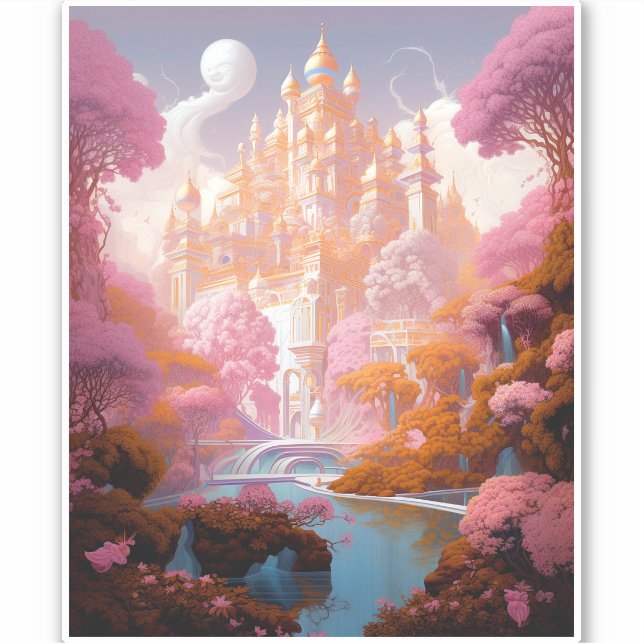 Fairy Tale Castle Pink White Gold Fantasy Art (Front)
