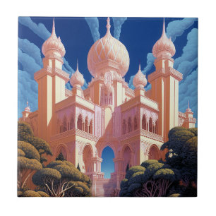 Fairy Tale Castle Pink White Gold Fantasy Art Ceramic Tile