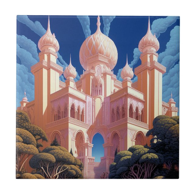 Fairy Tale Castle Pink White Gold Fantasy Art Ceramic Tile (Front)