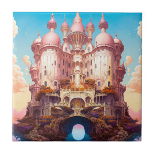 Fairy Tale Castle Pink White Gold Fantasy Art Ceramic Tile