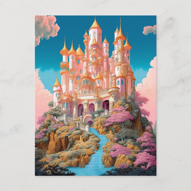 Fairy Tale Castle Pink White Gold Fantasy Art Postcard (Front)