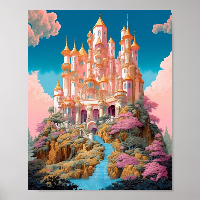 Fairy Tale Castle Pink White Gold Fantasy Art Poster (Front)