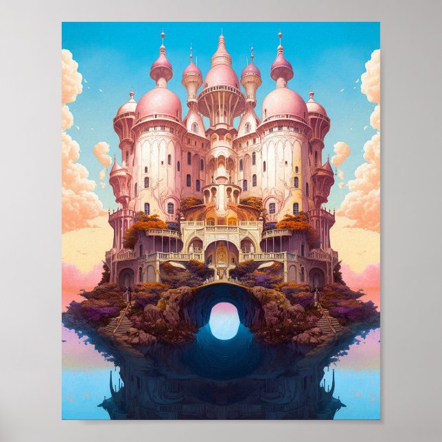 Fairy Tale Castle Pink White Gold Fantasy Art Poster (Front)