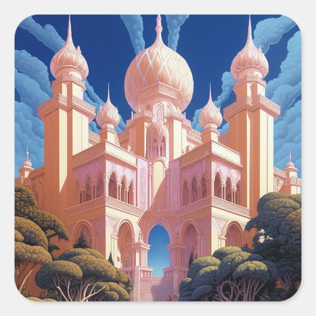 Fairy Tale Castle Pink White Gold Fantasy Art Square Sticker (Front)
