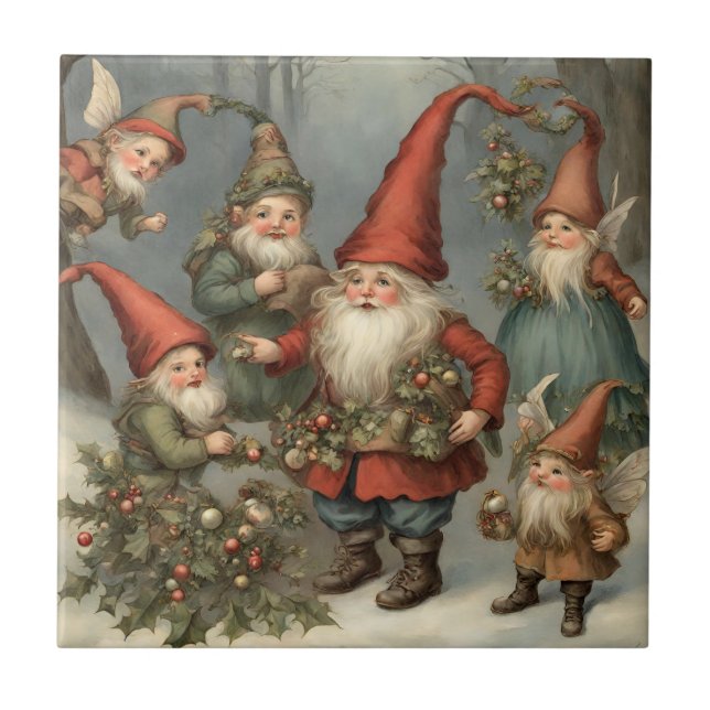 Fairy Tale Christmas Gnomes in the Forest  Ceramic Tile (Front)