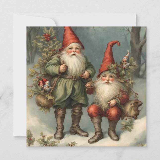 Fairy Tale Christmas Gnomes in Winter Forest Card (Front)
