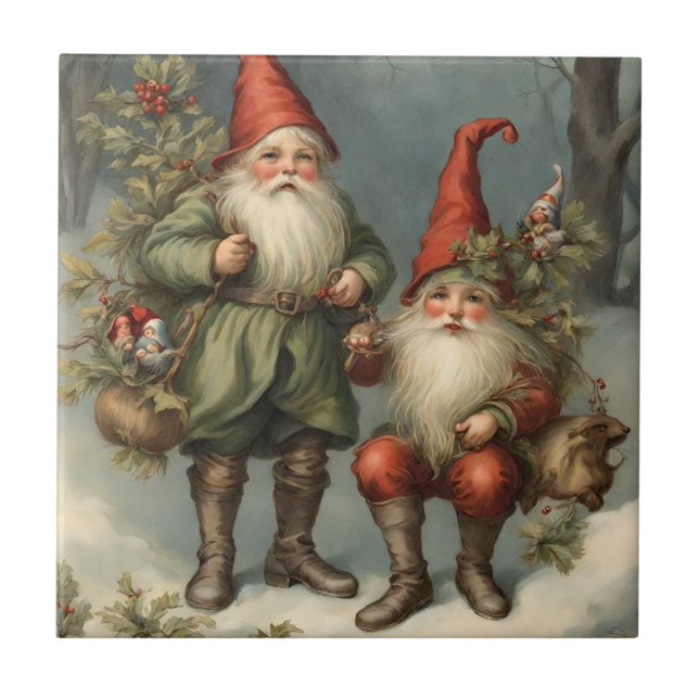 Fairy Tale Christmas Gnomes in Winter Forest Ceramic Tile (Front)