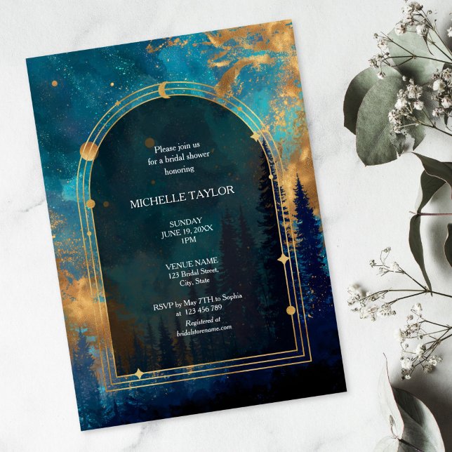 Fairy Tale Enchanted Forest Elegant Floral Bridal Invitation (blue and gold midnight sky over the forest, bridal shower invitation)