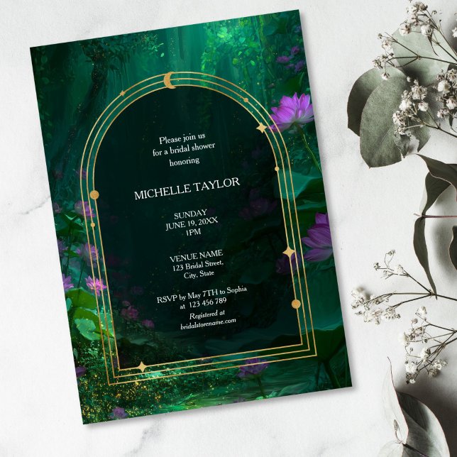 Fairy Tale Enchanted Forest Elegant Floral Bridal Invitation (green emerald enchanted forest with purple lotus flowers, dark arch framed with gold)