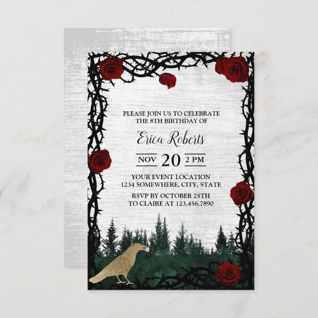 Fairy Tale Forest Rose & Thorn Gold Bird Birthday Invitation (Front/Back)