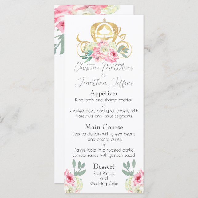Fairy Tale Gold Princess Carriage and Pink Flowers Menu (Front/Back)