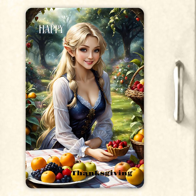 Fairy Tale Happy Thanksgiving  Magnet (Flexible Thanksgiving magnet featuring a beautiful fairy in an enchanted garden with a fruit harvest)