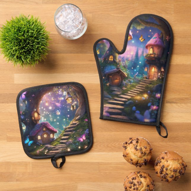 Fairy tale magical village oven mitt & pot holder set (Top Down)