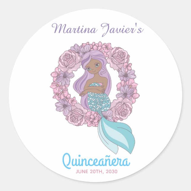 Fairy Tale Mermaid Quinceañera 15th Birthday Classic Round Sticker (Front)
