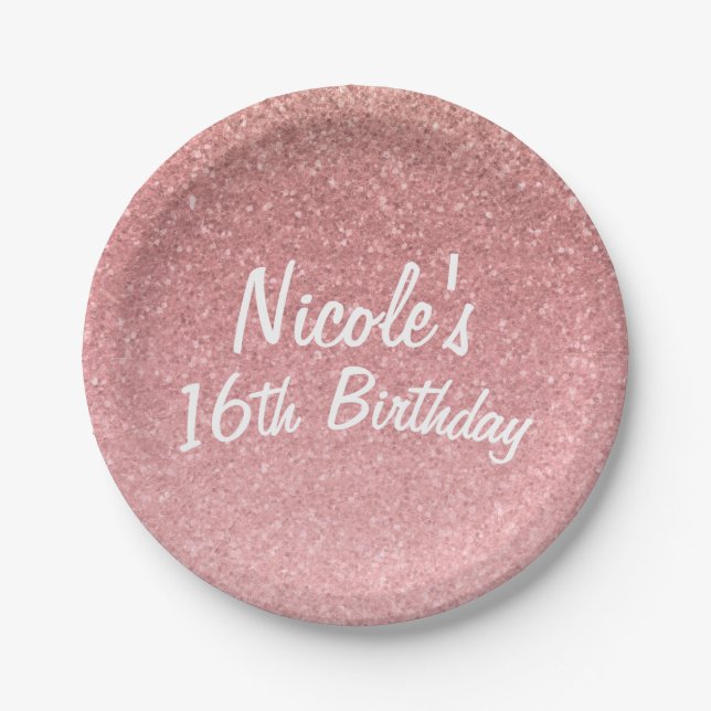 Fairy Tale Pink Glitter Sweet 16 Birthday Party Paper Plate (Front)