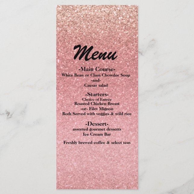 Fairy Tale Pink Glitter Sweet 16 Glam Party Menu (Front)