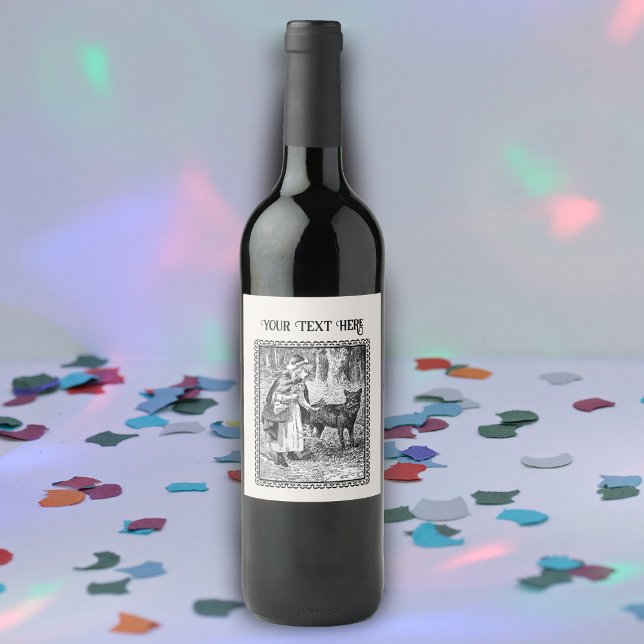 Fairy Tale Red Riding Hood in Woods Wolf Frame Wine Label (Vintage Red Riding hood wolf in woods on black white ornate framed wine bottle label.)