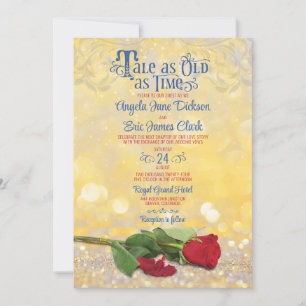 Fairy Tale Red Rose Blue Gold Wedding  Invitation