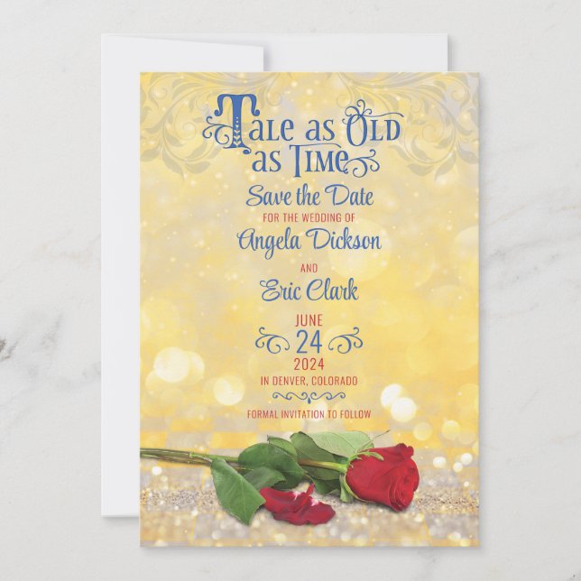 Fairy Tale Red Rose Golden Ballroom Wedding Save The Date (Front)