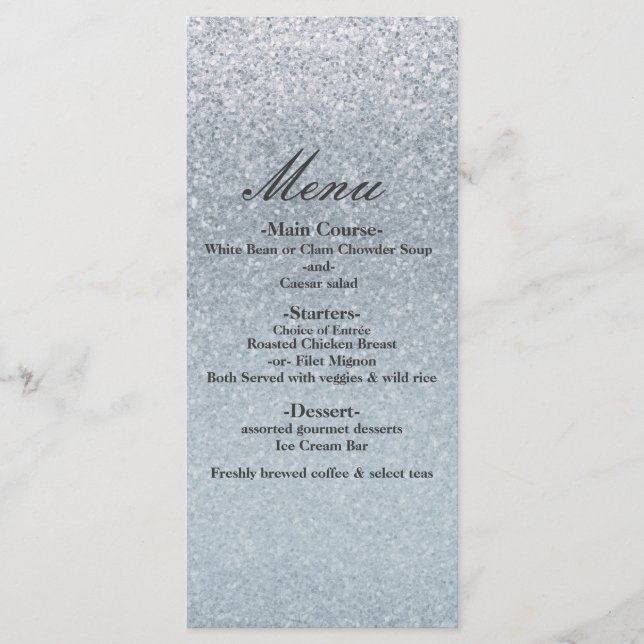 Fairy Tale Silver Glitter Glam Wedding Party Menu (Front)
