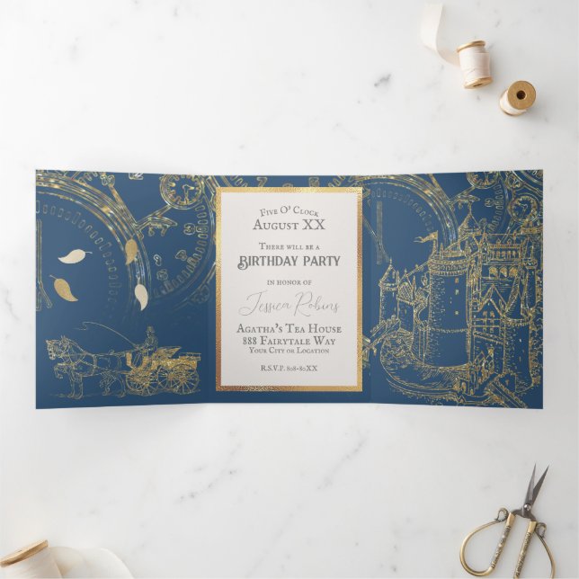 Fairy Tale Theme Castle Carriage Gold & Navy Blue Tri-Fold Invitation (Inside)