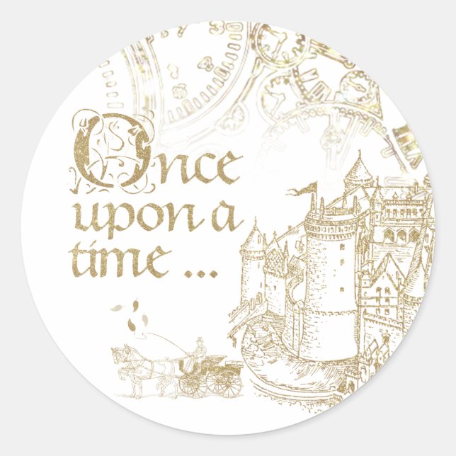 Fairy Tale Theme Castle Carriage Gold on White Classic Round Sticker (Front)