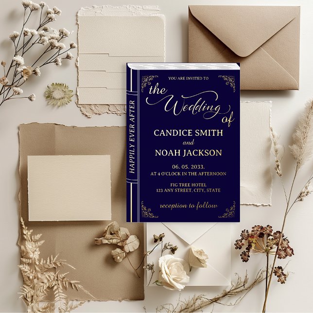 Fairy Tale Whimsical Book Cover Navy Blue Wedding (Fairy Tale Navy Blue & Gold Book Cover - once upon a time, happily ever after wedding invitation)