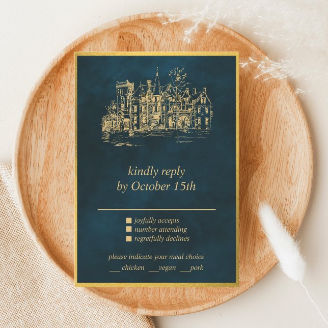 Fairy Tale Whimsical Castle Emerald Gold RSVP card (Creator Uploaded)