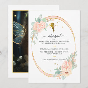 Fairy-Themed Floral Blush and Gold Birthday Party Invitation