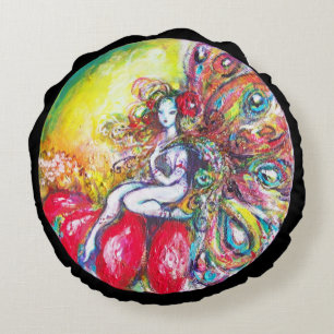 FAIRY TITANIA AND RED FLOWER Yellow Pink Sparkles Round Cushion