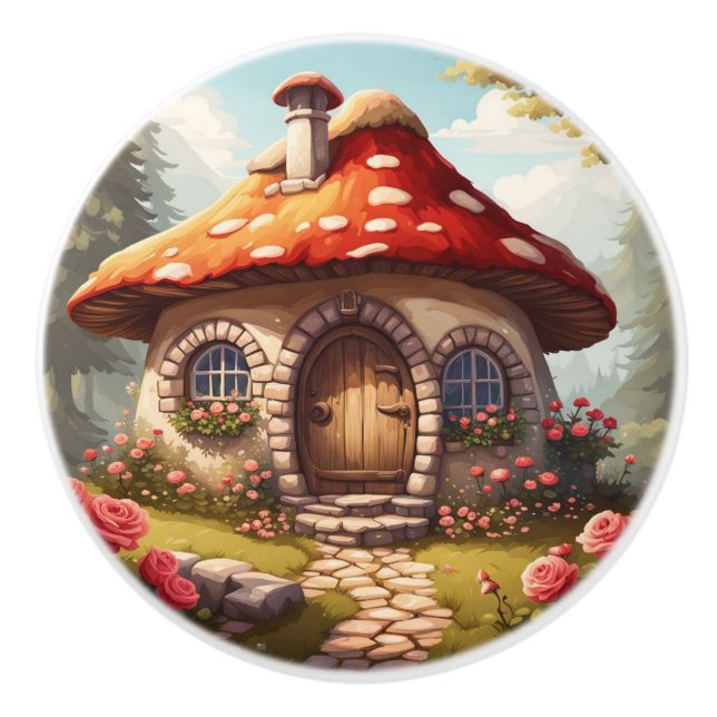 Fairy Toadstool House Ceramic Knob (Front)