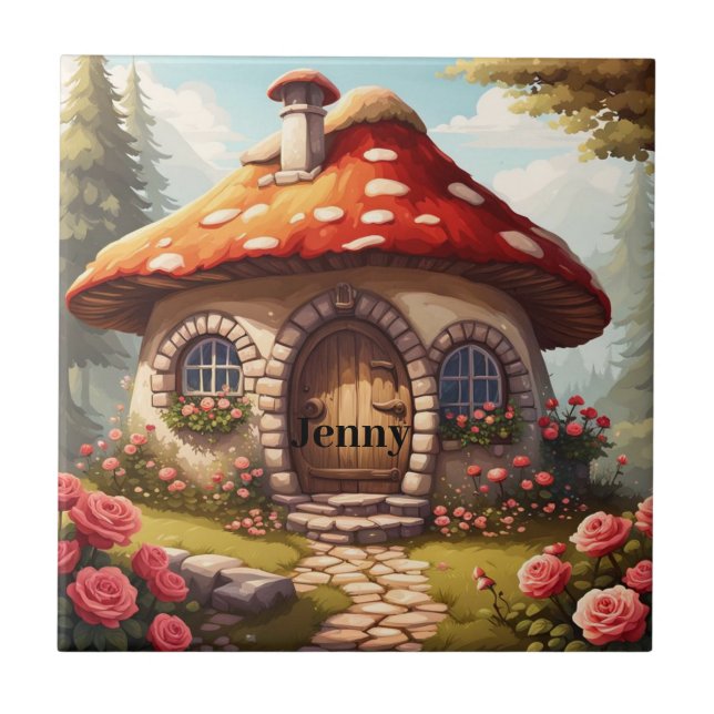 Fairy Toadstool House. Editable name Ceramic Tile (Front)